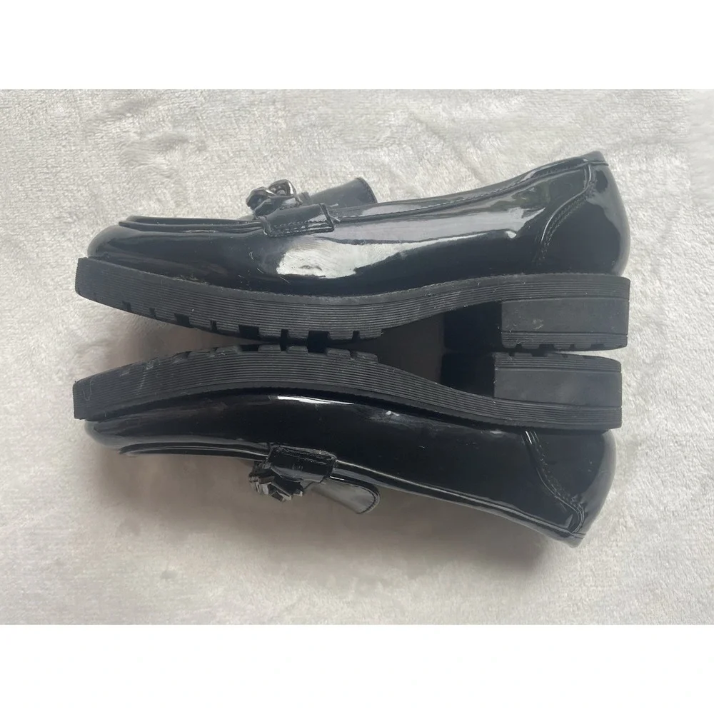 Platform Black‎ Lug Loafer Accent Silver Chain Size 3 Girls Dress Holiday Shoes